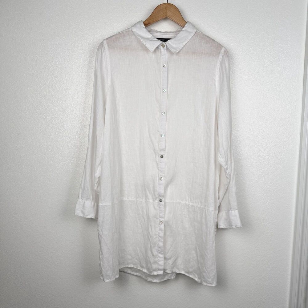 TAHARI Women's Rolled Sleeve White Linen Beach Shirt 1X